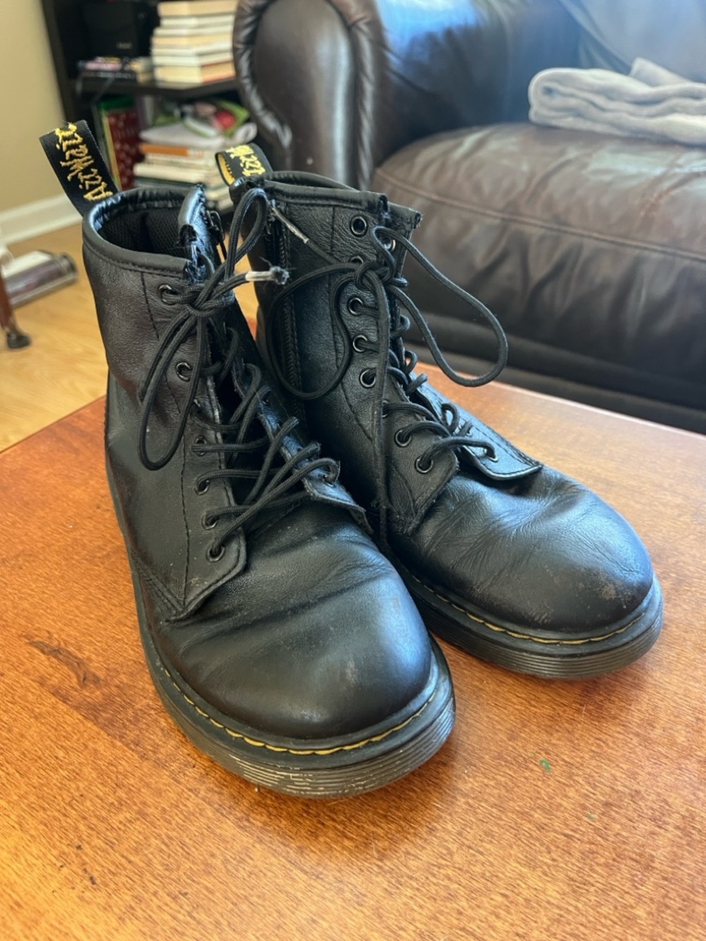 Dr. Martens Black Leather Lace-Up Ankle Boots with Yellow Stitching